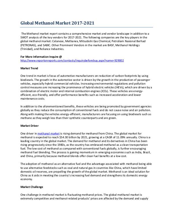 Global Foreacst on the Methanol Market Growth Mar-2017