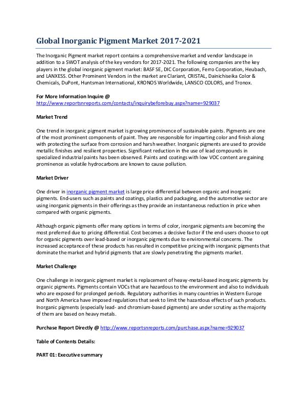 Inorganic Pigment Market Global Growth Outlook by 2021 Mar-2017
