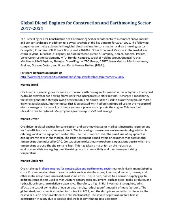 Global Diesel Engines for Construction and Earthmoving Sector Report Mar-2017