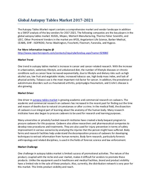 Overview of the Global Autopsy Tables Market Growth Mar-2017