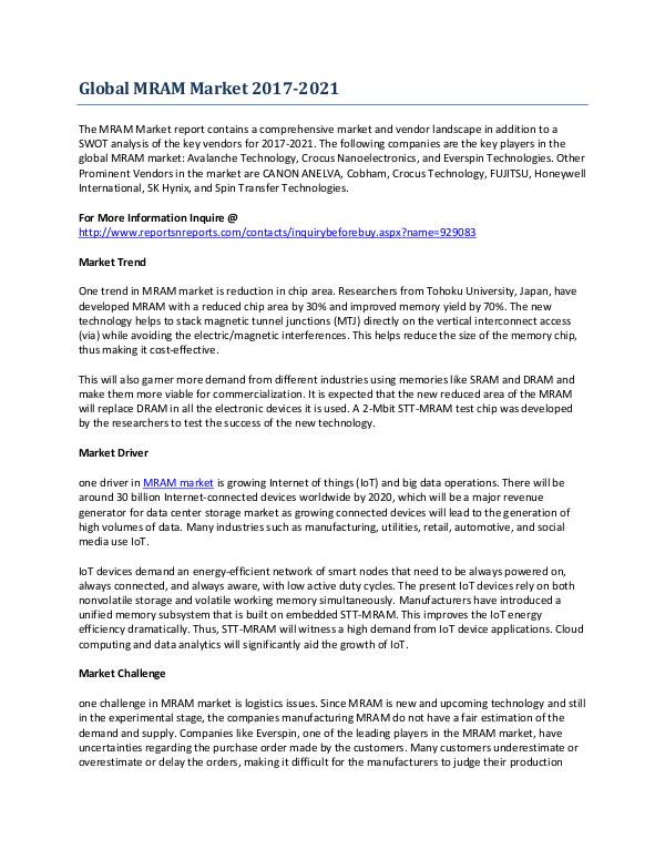 Global MRAM Market Trends, Drivers, Challenges and Growth Mar-2017