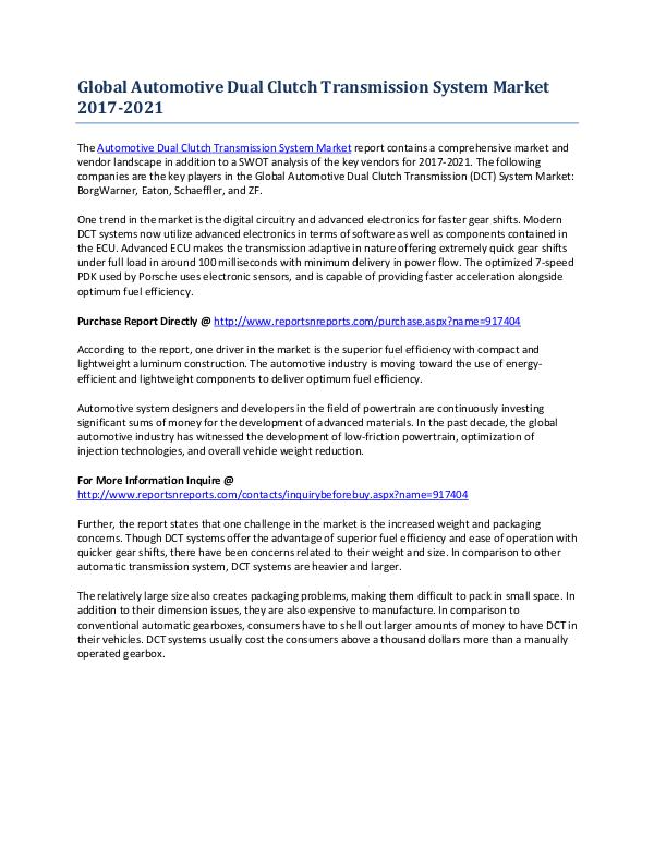 Growth Report on Automotive Dual Clutch Transmission System Market Feb-2017