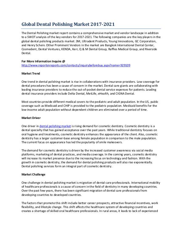 Global Overview of the Dental Polishing Market Growth Forecast Mar-2017