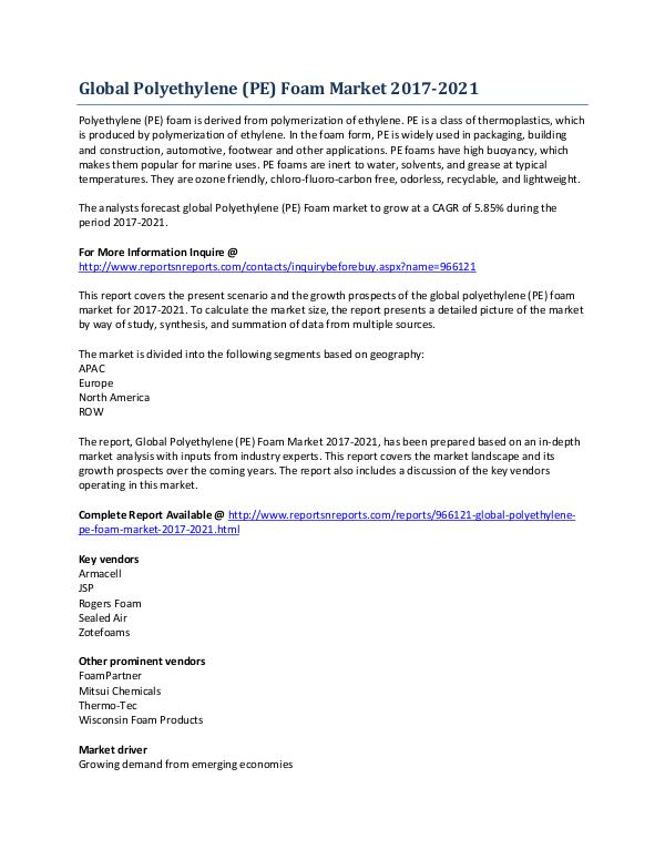 Global Polyethylene (PE) Foam Market Development Overview to 2021 April 2017