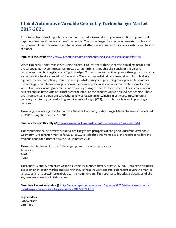 2021 Global Automotive Variable Geometry Turbocharger Market Growth April 2017