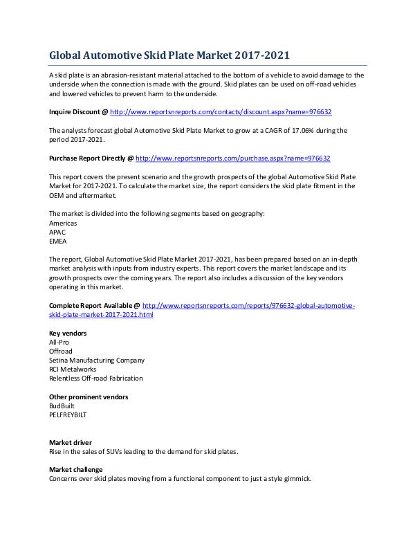 2021 Global Growth of the Automotive Skid Plate Market April 2017