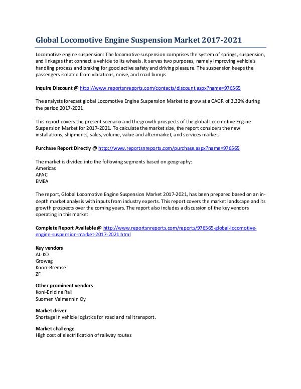 Global Locomotive Engine Suspension Market Growth Analysis 2017-2021 April 2017