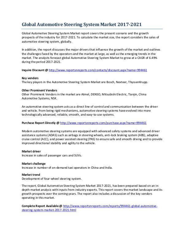 Global Automotive Steering System Market Analysis During 2017-2021 May 2017