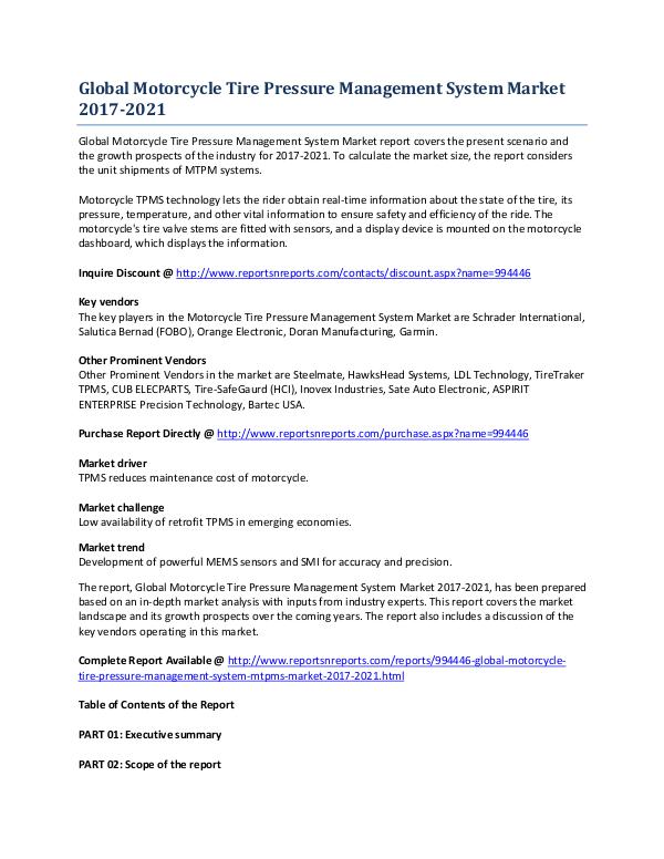 Global Motorcycle Tire Pressure Management System Market to 2021 May 2017