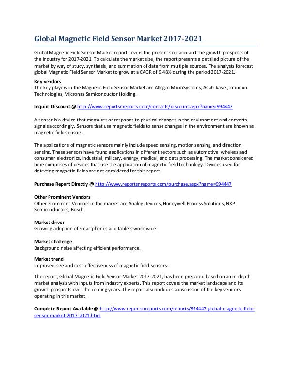 Global Growth Prospects of Magnetic Field Sensor Market By 2021 May 2017