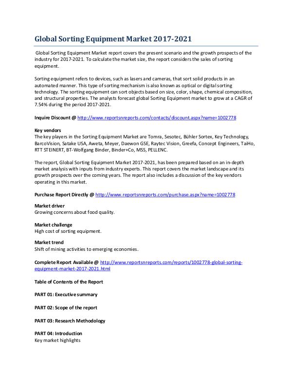 Global Sorting Equipment Market During Analysis 2017-2021 May 2017