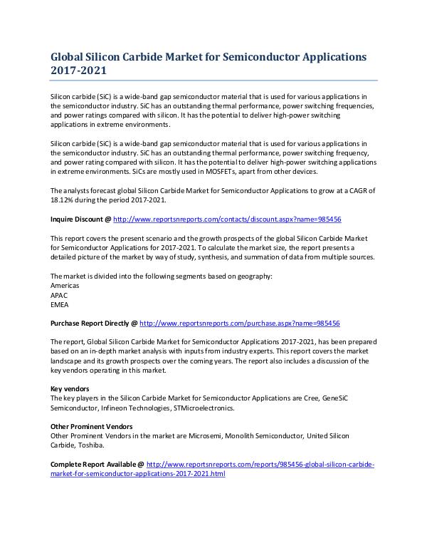 Global Silicon Carbide Market for Semiconductor Applications to 2021 May 2017