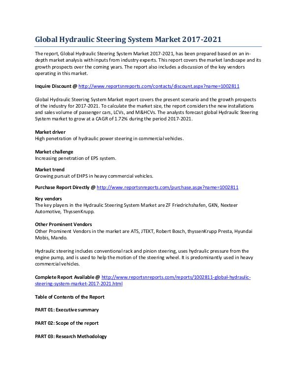 Analysis of Global Hydraulic Steering System Market 2017-2021 May 2017