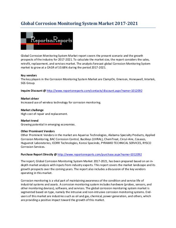 Global Corrosion Monitoring System Market Analysis 2017-2021 May 2017