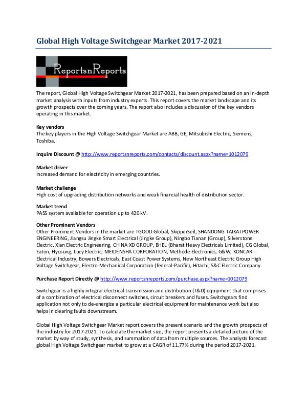 Analysis of Global High Voltage Switchgear Market By 2021 May 2017