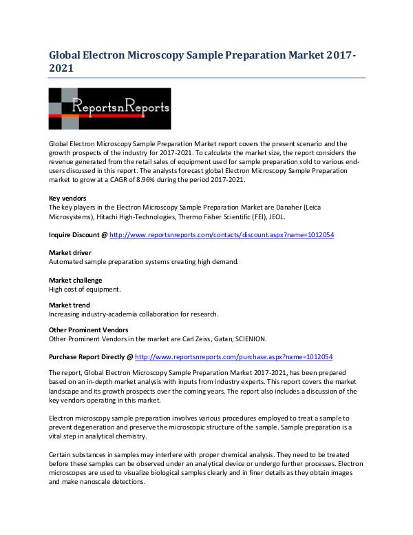 Analysis of Electron Microscopy Sample Preparation Market to 2021 May 2017