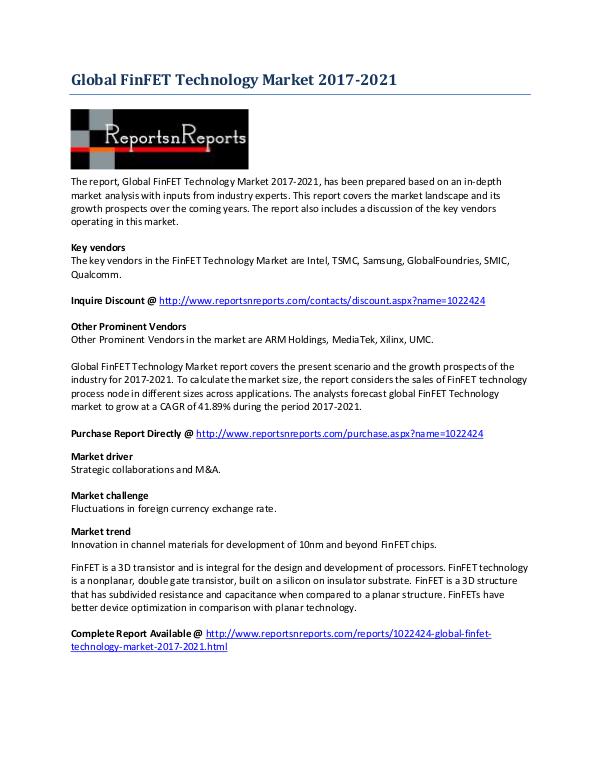 Global FinFET Technology Market Outlook and Analysis 2017-2021 May 2017