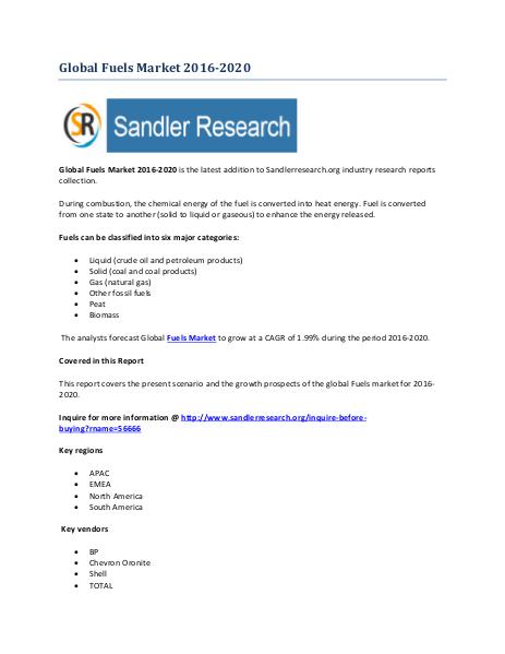 Fuels Industry to Grow at 1.99% CAGR to 2020 Fuels Industry to Grow at 1.99% CAGR to 2020