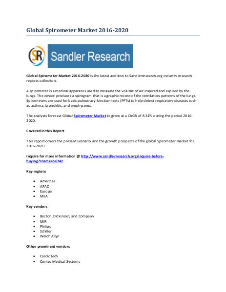 Spirometer Industry to Grow at 8.31% CAGR to 2020 Spirometer Industry to Grow at 8.31% CAGR to 2020