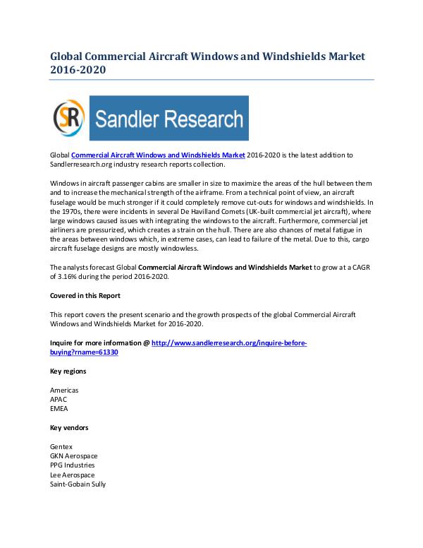 Rapidly Growing Commercial Aircraft Windows and Windshields Market Sep-2016