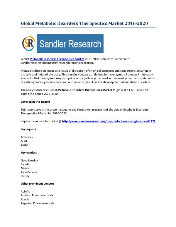 Driving Trends in Metabolic Disorders Therapeutics Market 2016-2020 Sep-2016