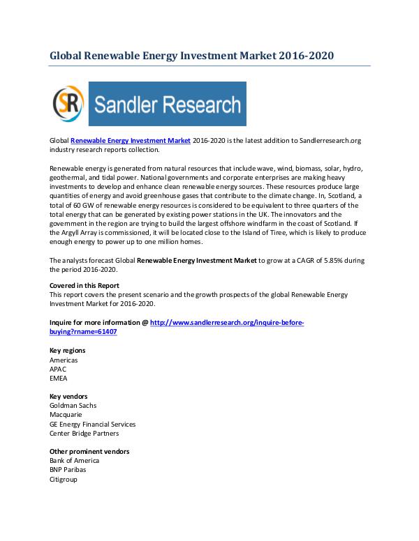 Renewable Energy Investment Market Global Research Analysis 2020 Sep-2016