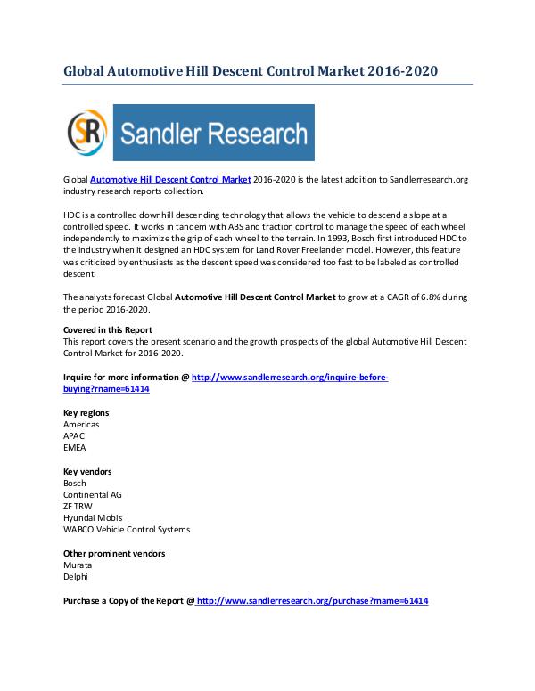 Automotive Hill Descent Control Market Trends to 2020 Sep-2016