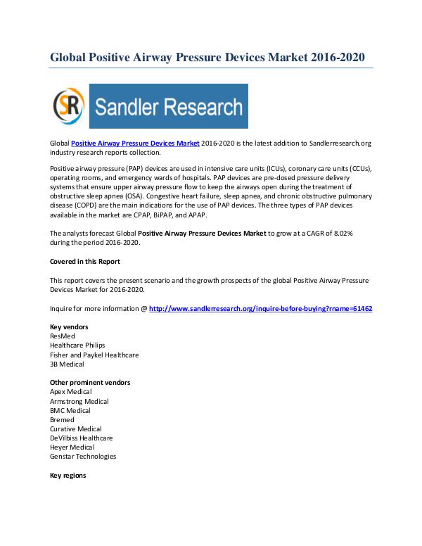 Positive Airway Pressure Devices Market Analysis and Forecasts Oct-2016