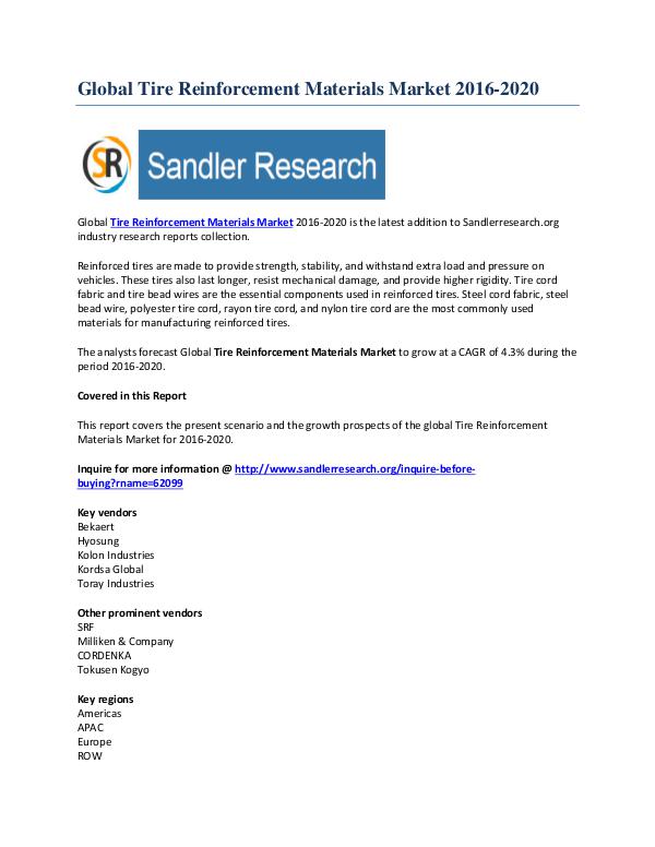 Worldwide Analysis of Tire Reinforcement Materials Market by 2020 Oct-2016