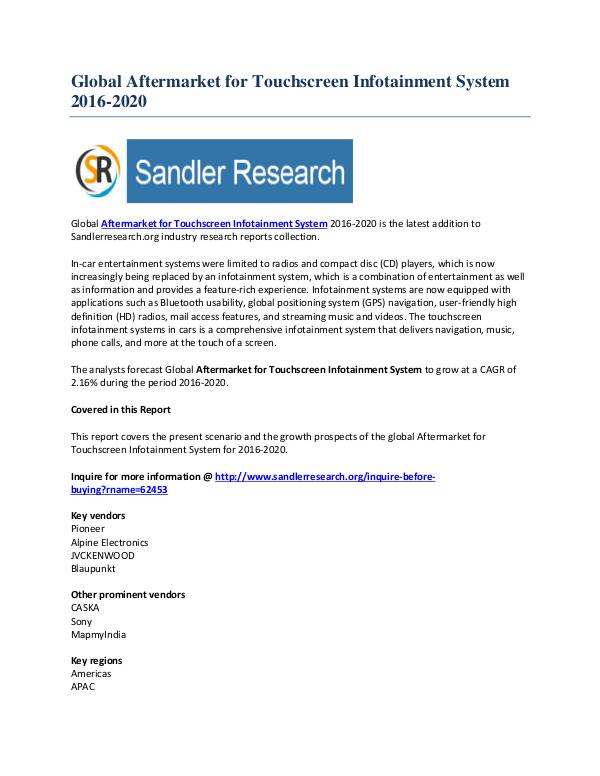 Trends in Aftermarket for Touchscreen Infotainment System 2016-2020 Nov-2016