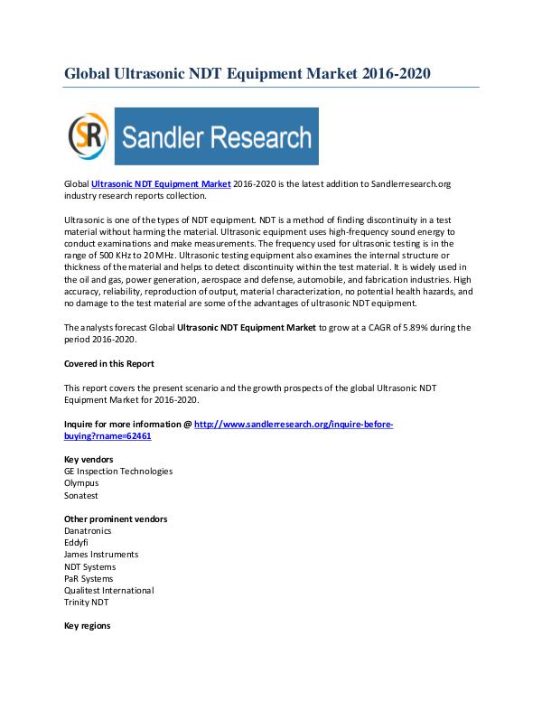 Ultrasonic NDT Equipment Market Key Vendors Research Report to 2020 Nov-2016