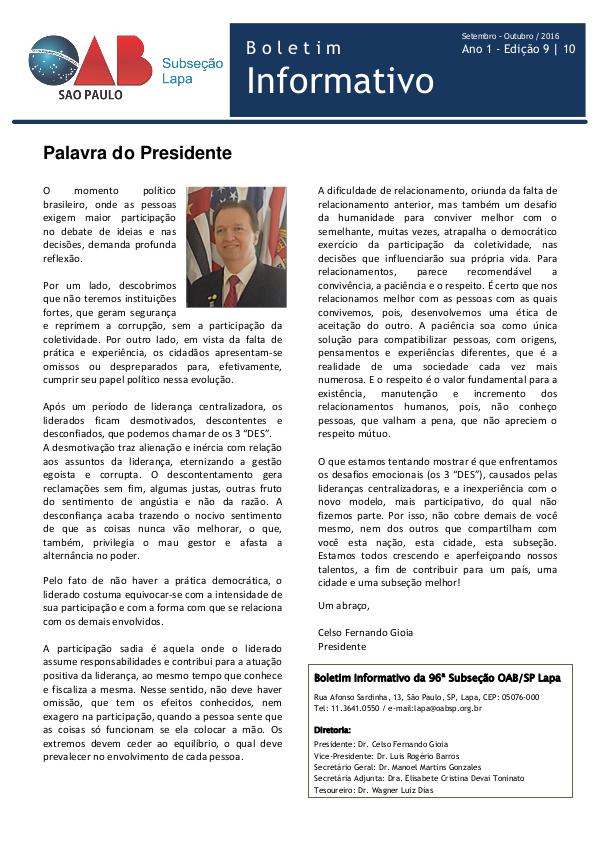 Boletim Informativo OAB Lapa Edição 09 / 10 - Setembro e Outubro de 2016