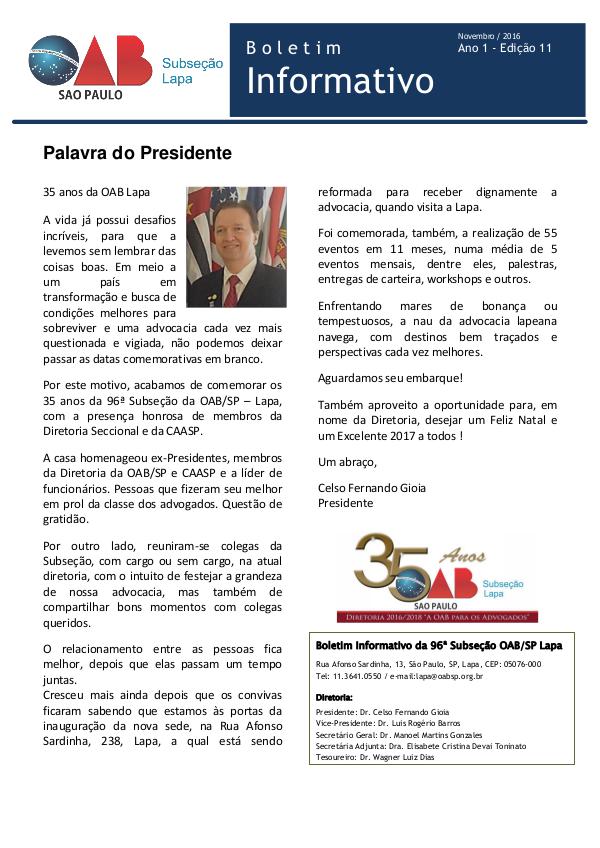 Boletim Informativo OAB Lapa Edição 11 - Novembro de 2016