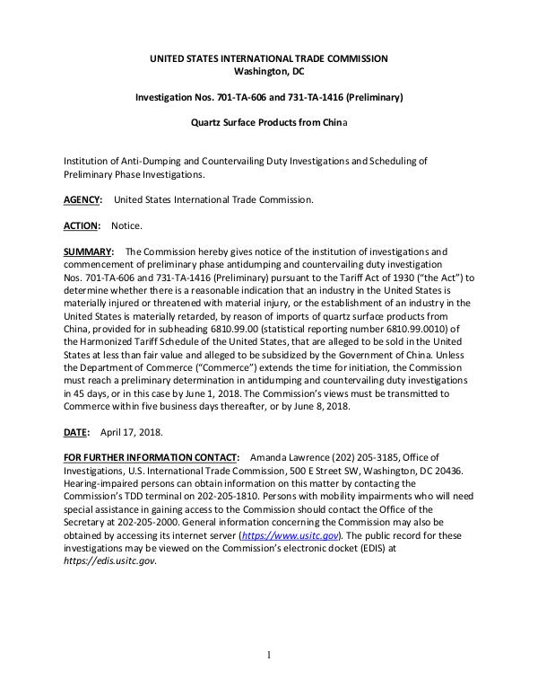 USITC Filing Chinese Quartz Imports USITC_notice