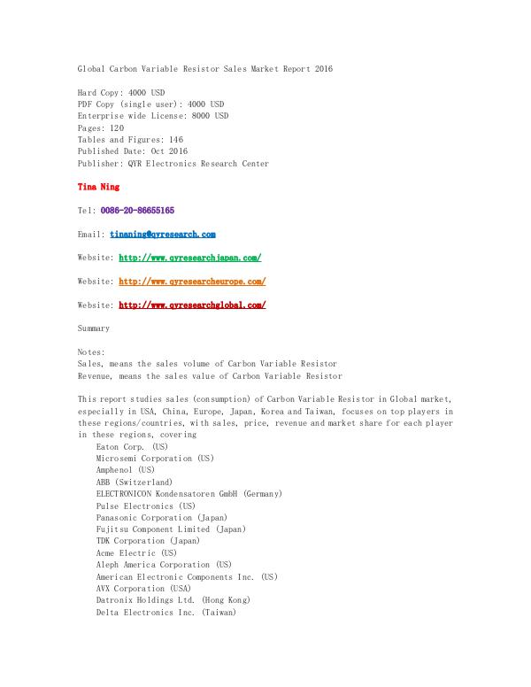 Global Carbon Variable Resistor Sales Market Report 2016 Global Carbon Variable Resistor Sales Market