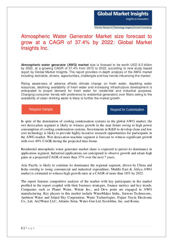 Atmospheric Water Generator Market size revenue worth $ 9.3bn by 2022 Atmospheric Water Generator Market size forecast