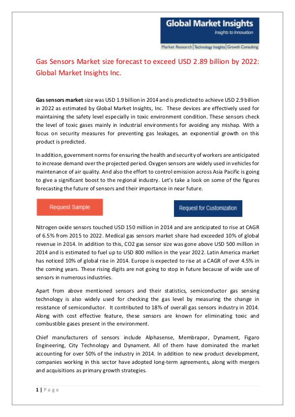 Gas Sensors Market size forecast to exceed $2.89bn by next seven year Gas Sensors Market size