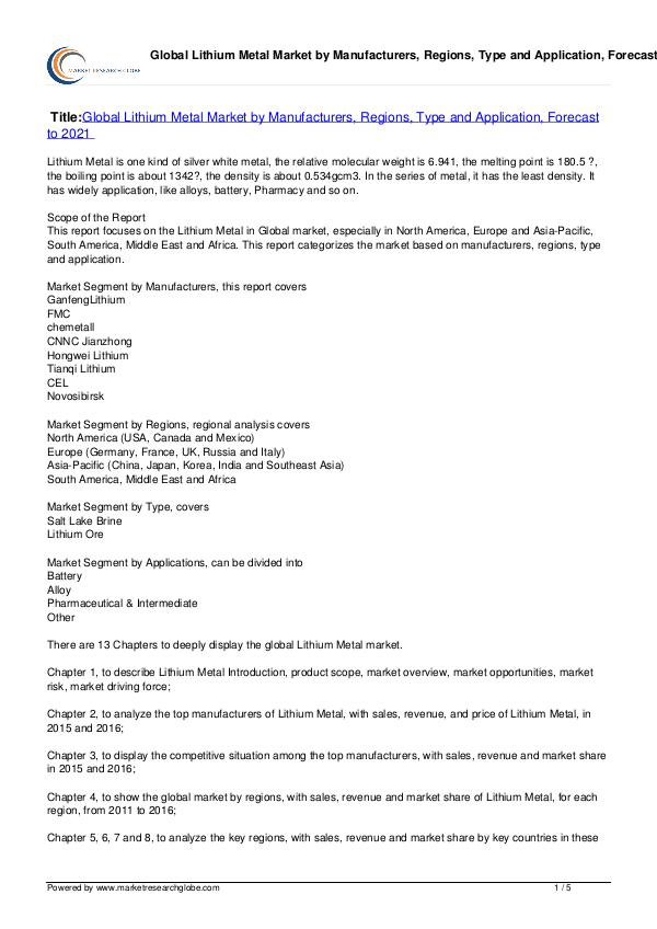Lithium Metal Market Forecast to 2021