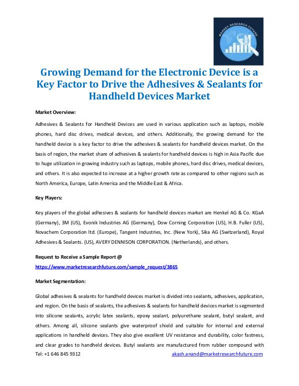 Market Research Future - Premium Research Reports Adhesives & Sealants for Handheld Devices Market