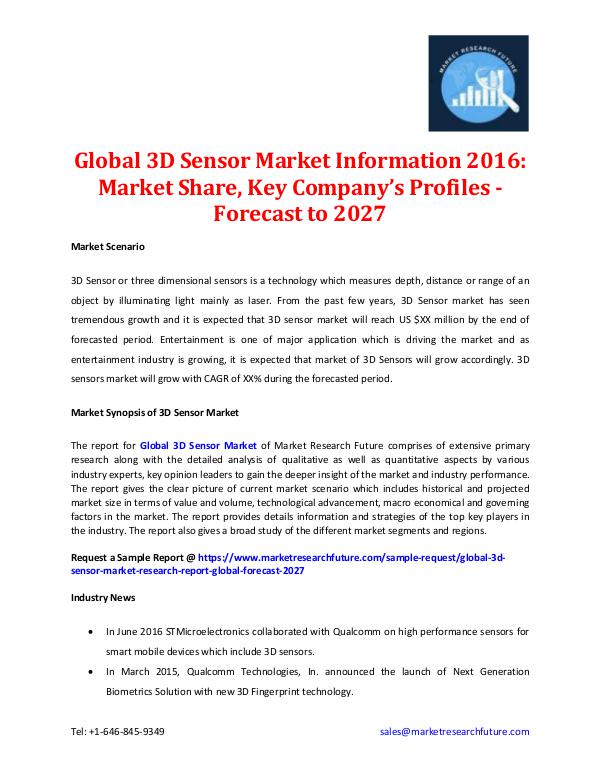 Market Research Future - Premium Research Reports 3D Sensor Market Information 2016-2027