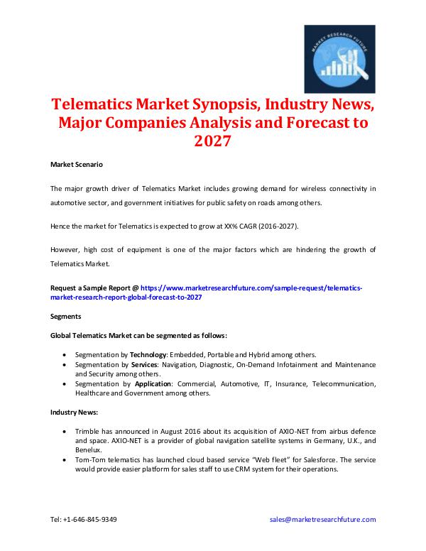 Market Research Future - Premium Research Reports Telematics Market Synopsis & Forecast to 2027