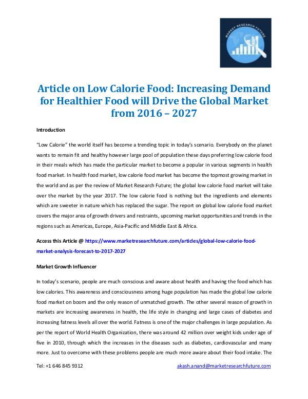 Market Research Future - Premium Research Reports Article on Low Calorie Food 2016-2027