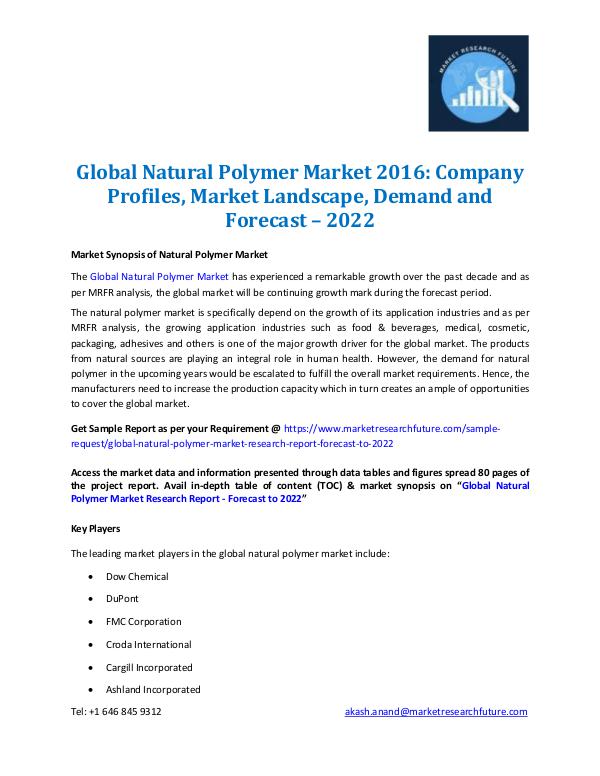 Market Research Future - Premium Research Reports Natural Polymer Market 2016-2022