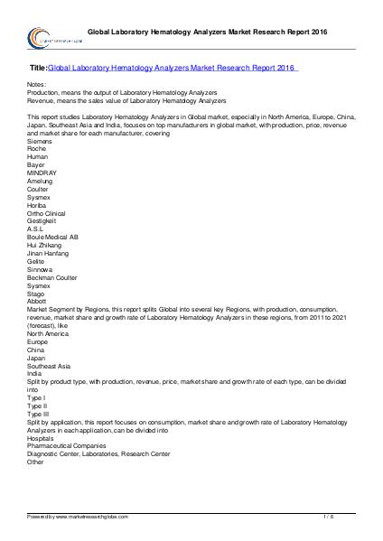 Laboratory Hematology Analyzers Market Report 2021