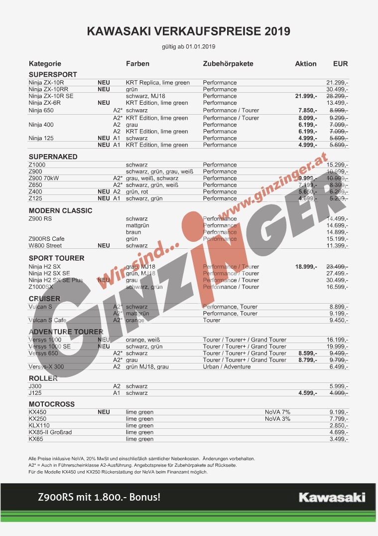 Kawasaki Preisliste 2019