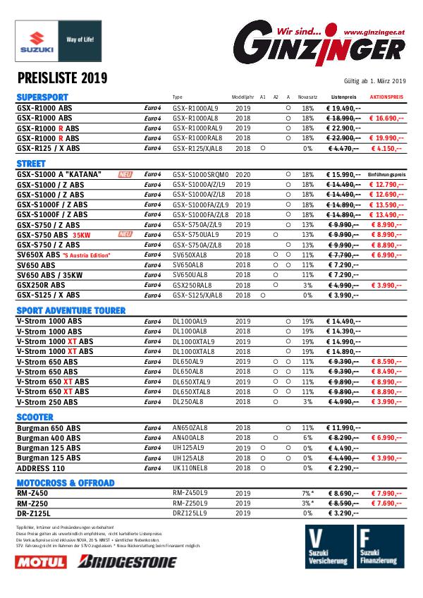 Alle Preislisten : Aprilia | Yamaha | Suzuki | Kawasaki | SYM | ... Suzuki Preisliste 2019