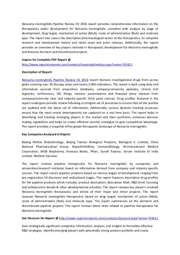 Global Neisseria meningitidis Vaccine Pipeline H2 2016 2017