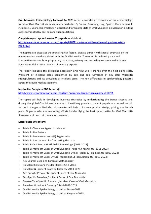 Oral Mucositis Drugs Industry Global Epidemiology Market To 2023 Oral Mucositis Epidemiology Forecast To 2023