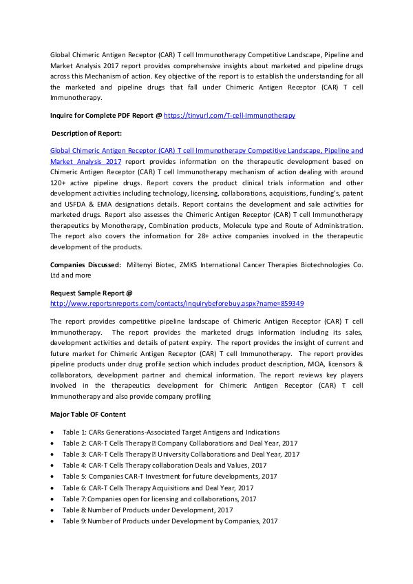 Chimeric Antigen Receptor T cell Immunotherapy Drugs Market 2017 Global Chimeric Antigen Receptor (CAR) T cell Immu