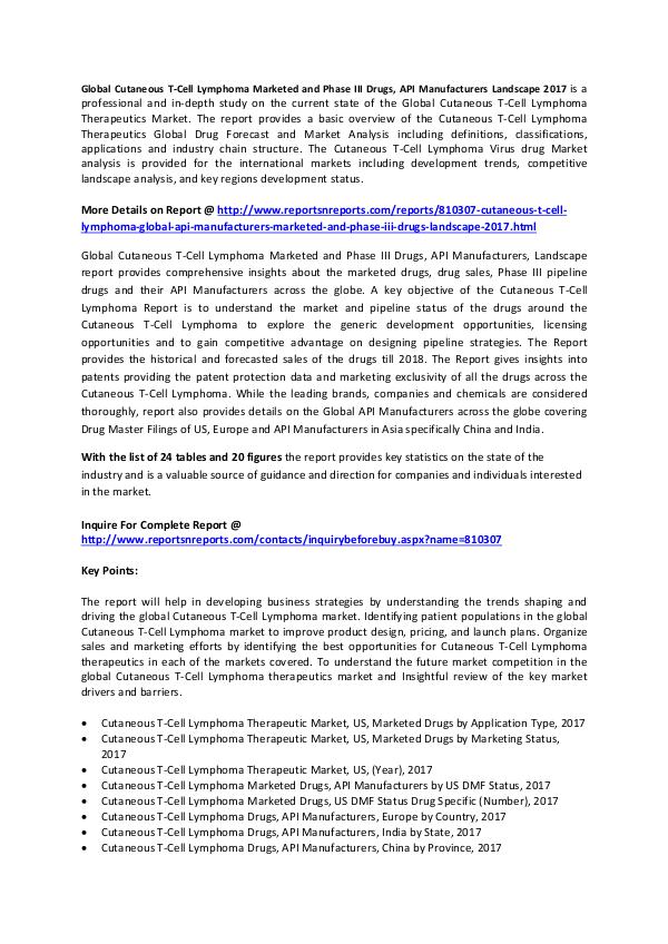 Cutaneous T-Cell Lymphoma Market : Marketed and Phase III Drugs 2017 Global Cutaneous T-Cell Lymphoma Marketed and Phas